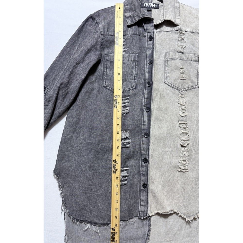 Thrill Jeans Distressed Split Large Denim Shirt Acid Wash Raw Hem Grunge Y2K - Picture 10 of 12